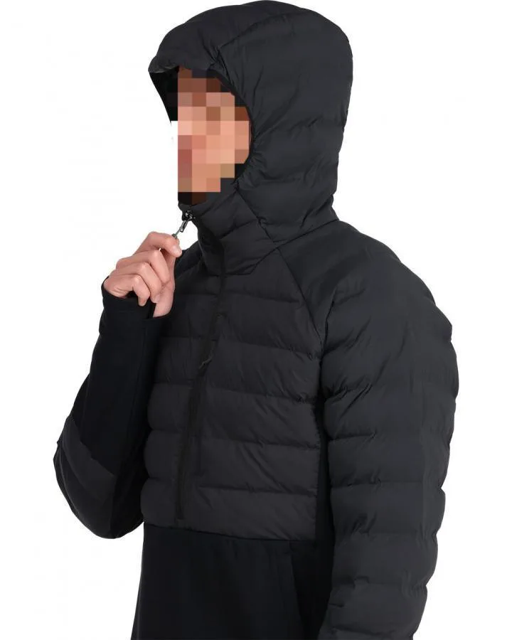 Men’s Hooded Half-Zip Hybrid Jacket — Black & Charcoal — Black & Charcoal, three-quarter view, worn, hood up