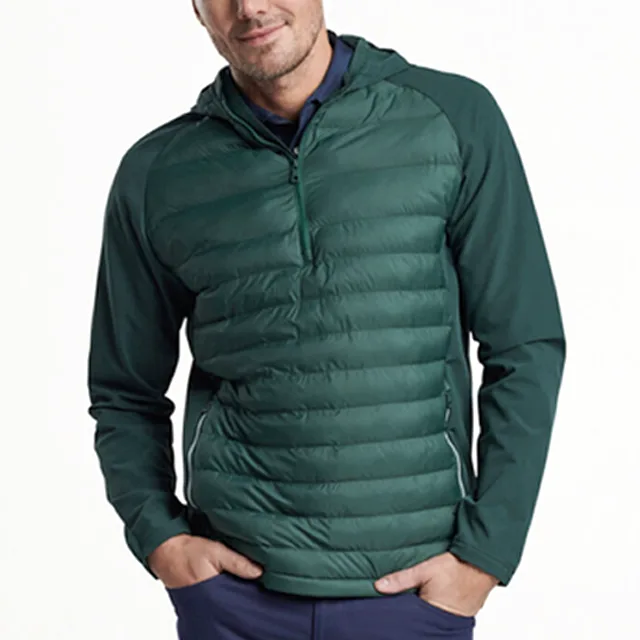 Men’s Hooded Half-Zip Hybrid Jacket — Dark Green — Dark Green, front view, worn