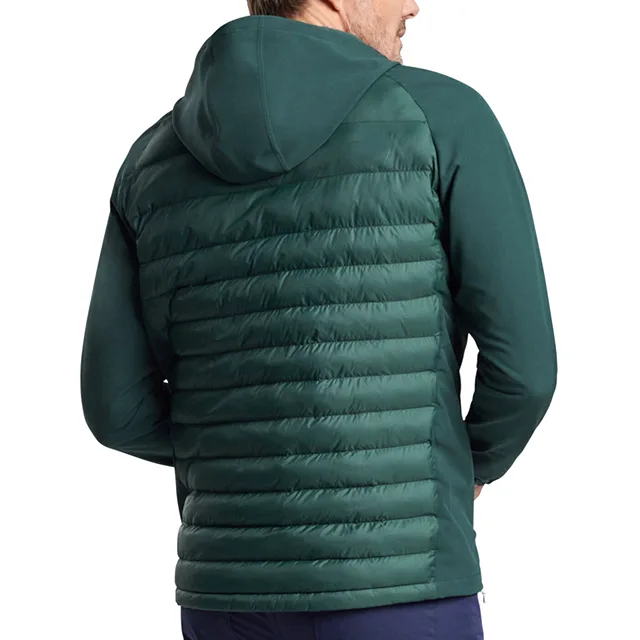 Men’s Hooded Half-Zip Hybrid Jacket — Dark Green — Dark Green, back view, worn