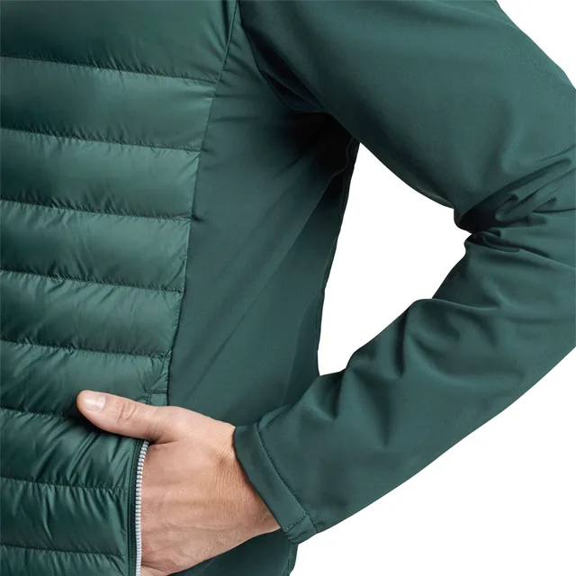 Men’s Hooded Half-Zip Hybrid Jacket — Dark Green — Dark Green, pocket detail, worn