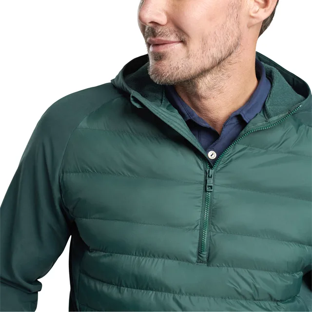 Men’s Hooded Half-Zip Hybrid Jacket — Dark Green — Dark Green, front detail, worn