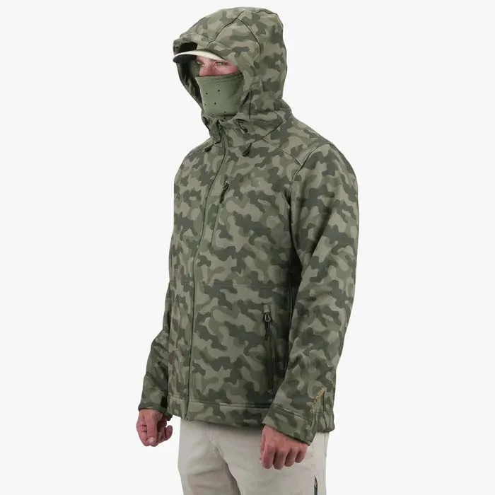 Men’s Hooded Hardshell Jacket — Camouflage & Light Grey — Camouflage, model front view, hood up