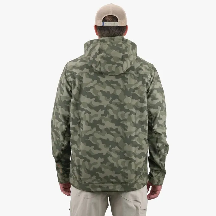 Men’s Hooded Hardshell Jacket — Camouflage & Light Grey — Camouflage, model back view
