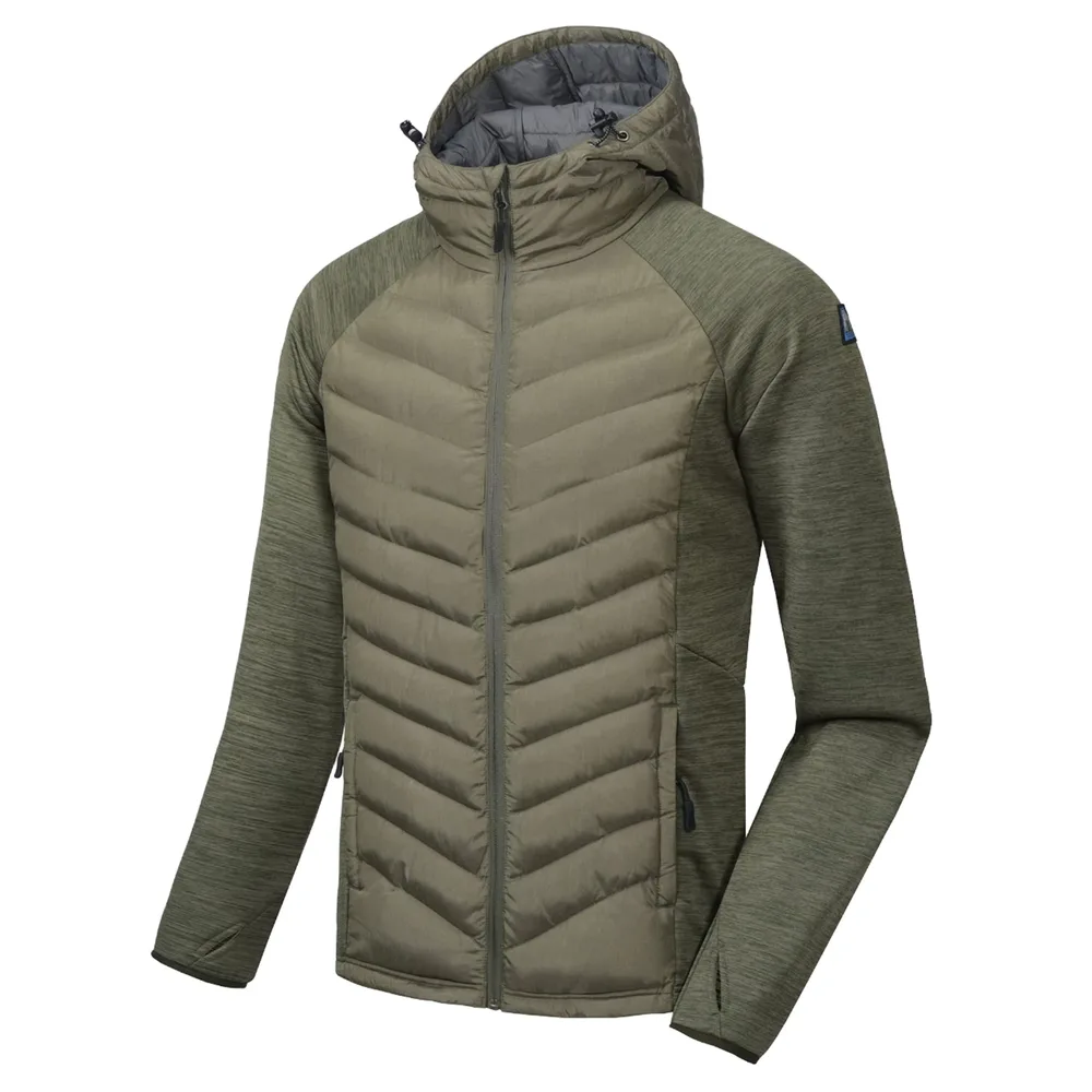Men’s Hooded Hybrid Jacket — Army Green & Black — Army Green, front three-quarter view