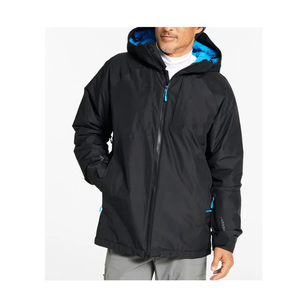 Men’s Hooded Insulated Jacket — Black with Blue Lining — Black, front view, worn