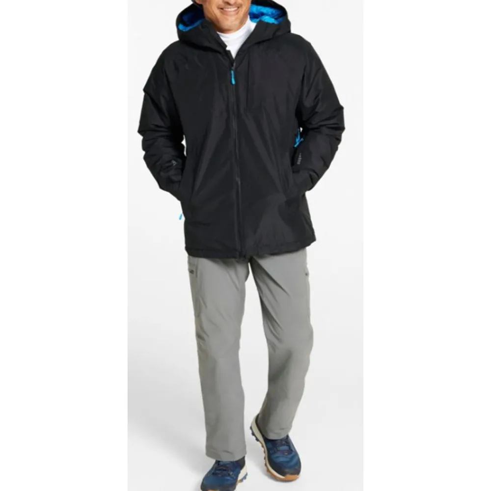 Men’s Hooded Insulated Jacket — Black with Blue Lining — Black, full view, worn
