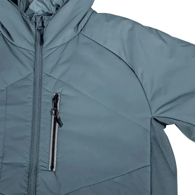 Men’s Hooded Insulated Jacket — Slate Blue & Dark Blue — Slate Blue, chest pocket close-up