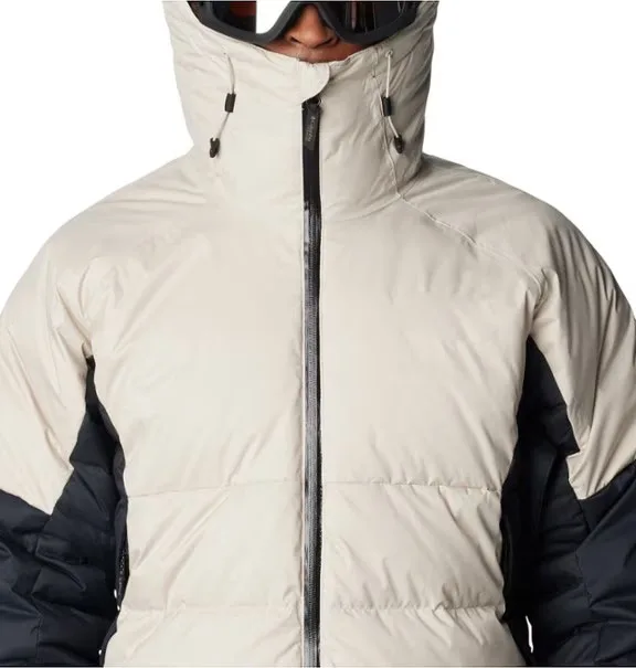 Men’s Hooded Padded Jacket — Cream & Black — Cream & Black, front view, worn with the hood up