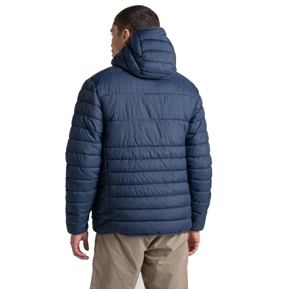 Men’s Hooded Padded Jacket — Navy & Red — Navy, back view, worn