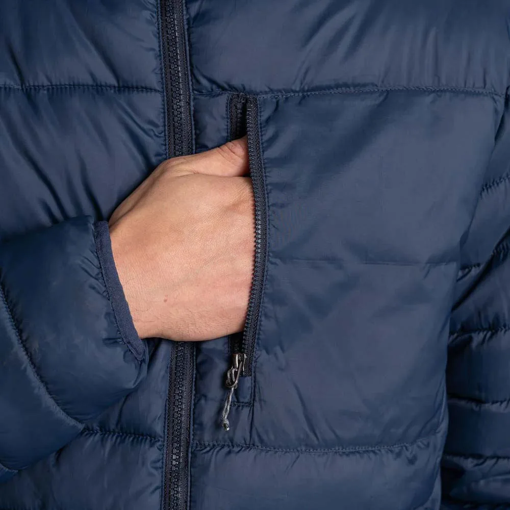 Men’s Hooded Padded Jacket — Navy & Red — Navy, chest pocket detail