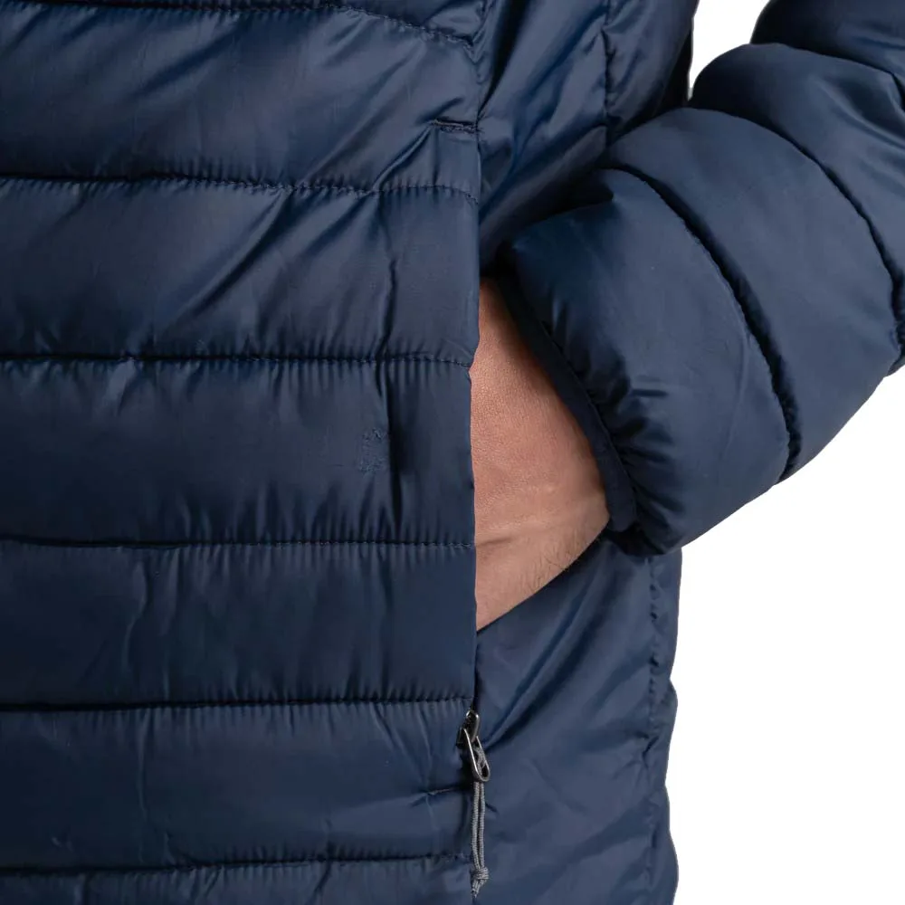 Men’s Hooded Padded Jacket — Navy & Red — Navy, hand pocket detail
