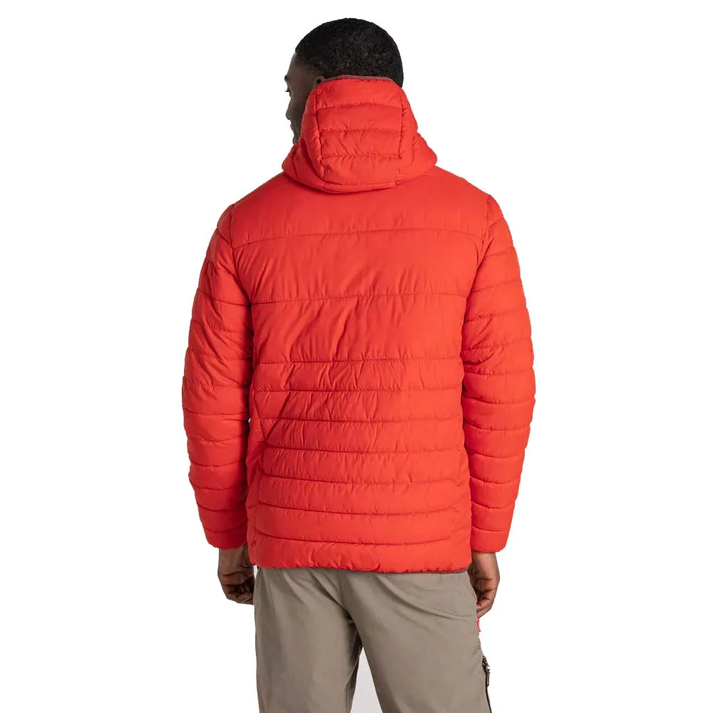 Men’s Hooded Padded Jacket — Navy & Red — Red, back view, worn