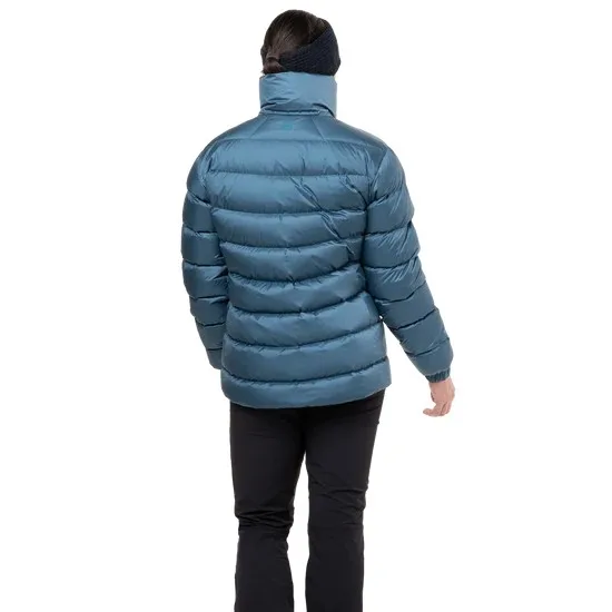 Men’s Hooded Puffer Jacket — Slate Blue, Navy & Bright Blue — Slate Blue, back view, worn