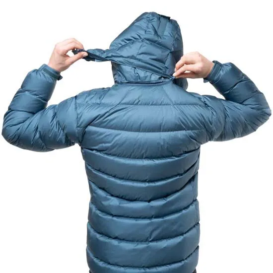 Men’s Hooded Puffer Jacket — Slate Blue, Navy & Bright Blue — Slate Blue, hood adjustment, worn
