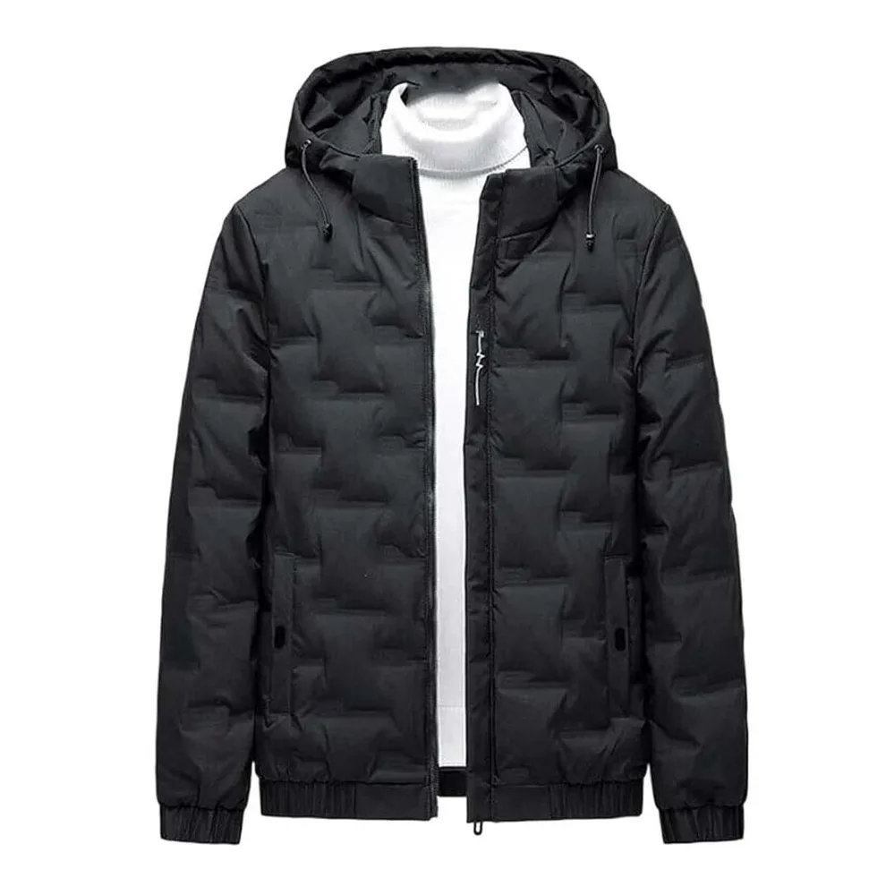 Men’s Hooded Puffer Jacket — 3 Colourways — Black, front view, styled open