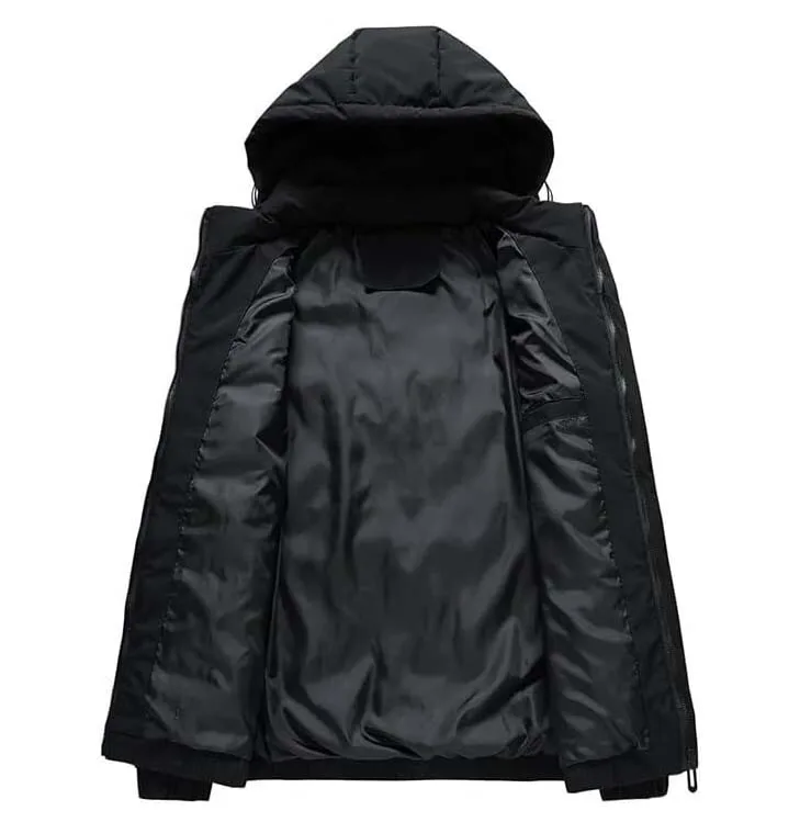 Men’s Hooded Puffer Jacket — 3 Colourways — Black, open front and lining view