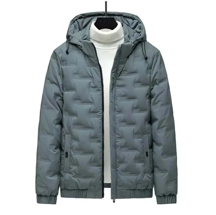 Men’s Hooded Puffer Jacket — 3 Colourways — Grey Blue, front view, styled open