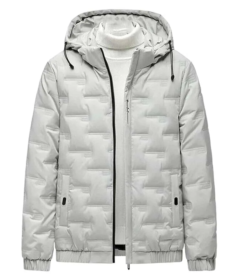 Men’s Hooded Puffer Jacket — 3 Colourways — Light Grey, front view, styled open