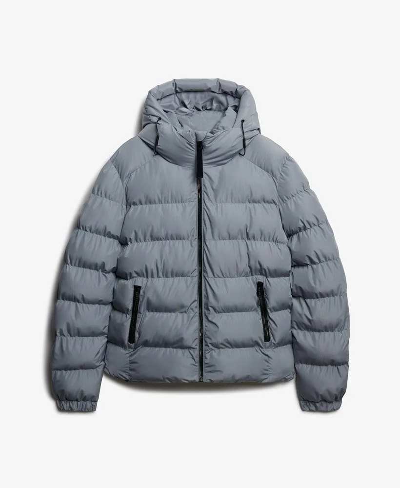 Men’s Hooded Puffer Jacket — Washed Denim, Beige, Twig Beige & Black — Washed Denim, front view