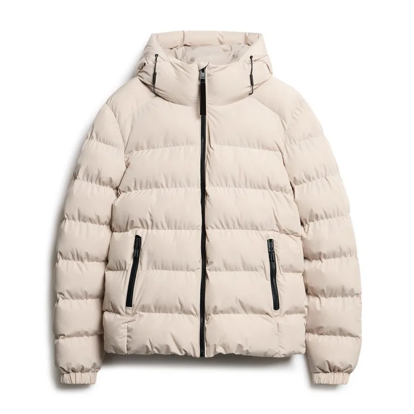 Men’s Hooded Puffer Jacket — Washed Denim, Beige, Twig Beige & Black — Beige, front view