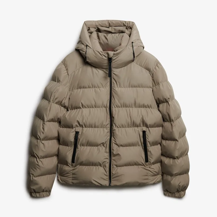 Men’s Hooded Puffer Jacket — Washed Denim, Beige, Twig Beige & Black — Twig Beige, front view
