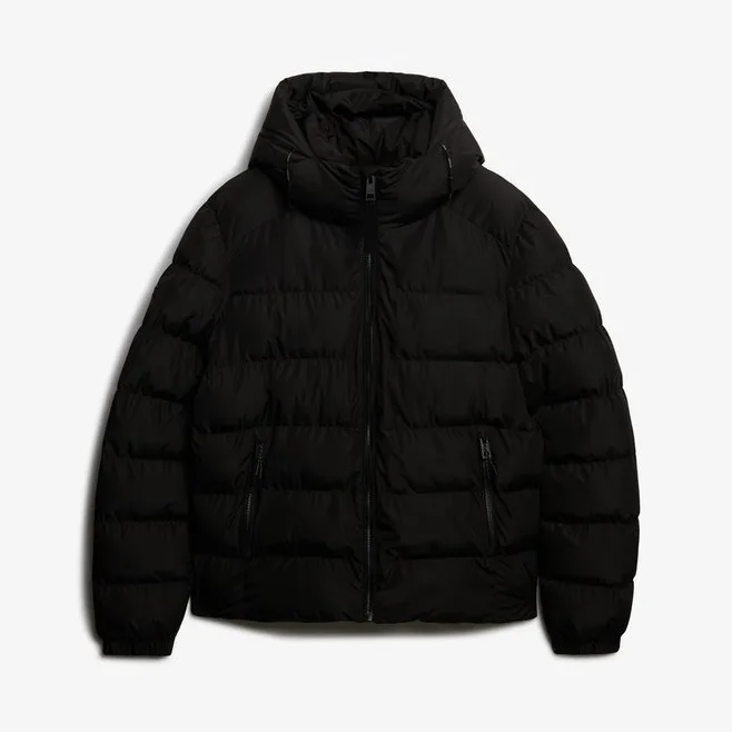 Men’s Hooded Puffer Jacket — Washed Denim, Beige, Twig Beige & Black — Black, front view