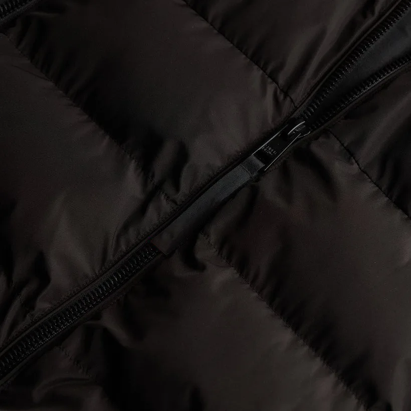 Men’s Hooded Puffer Jacket — Washed Denim, Beige, Twig Beige & Black — Black, zipper detail