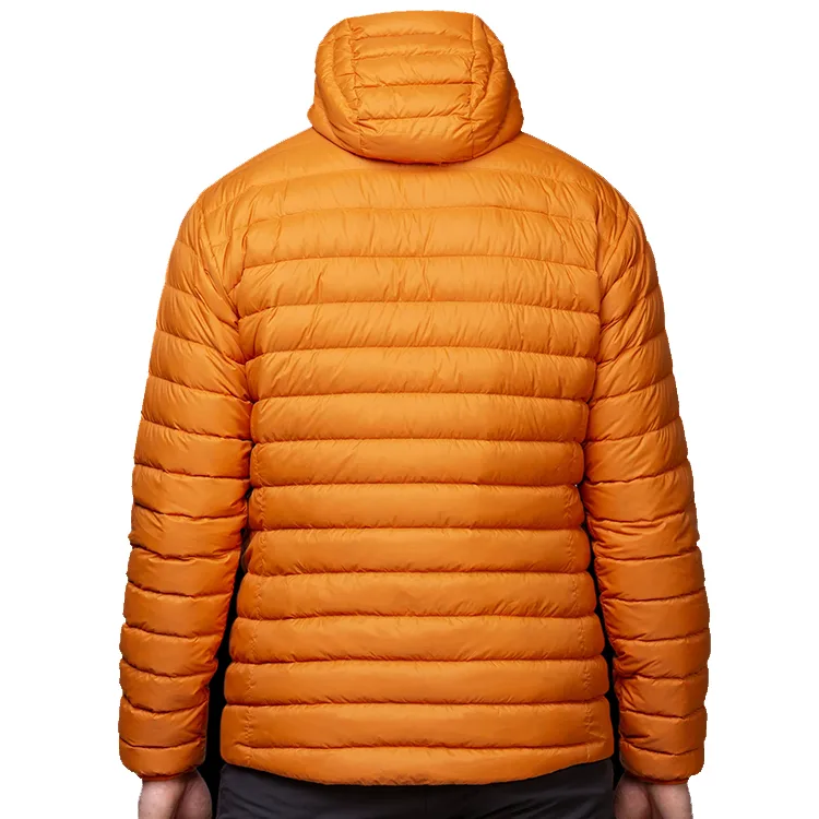 Men’s Hooded Puffer Jacket — 5 Colourways — Orange, back view, worn