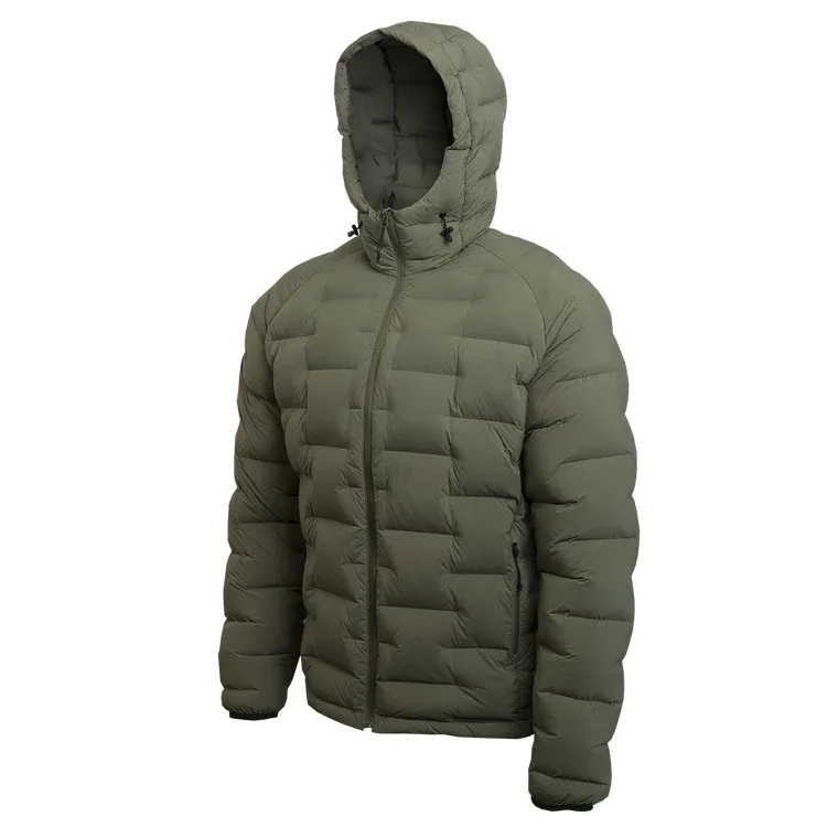 Men’s Hooded Puffer Jacket — Black, Dark Grey & Army Green — Army Green, three-quarter front view