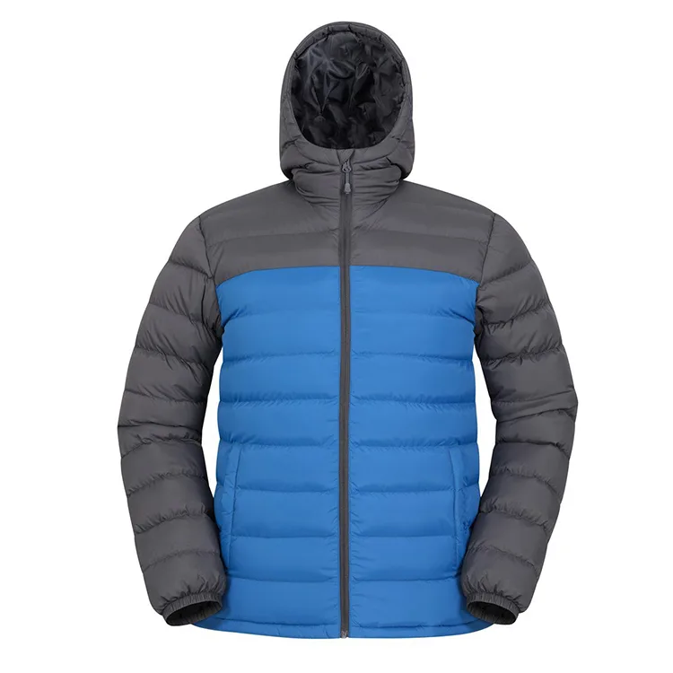 Men’s Hooded Puffer Jacket — 4 Colourways — Blue & Grey, front view, hood up