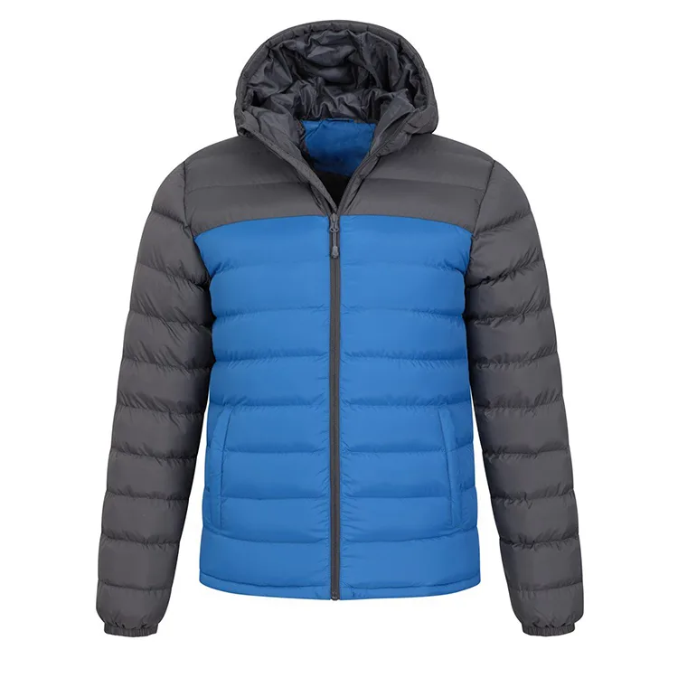 Men’s Hooded Puffer Jacket — 4 Colourways — Blue & Grey, front view, hood down