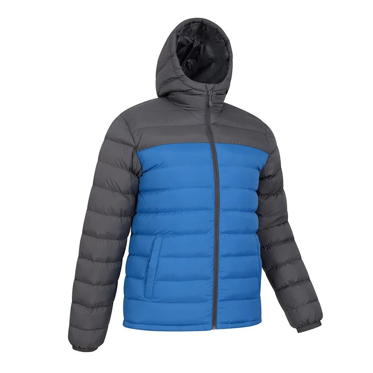 Men’s Hooded Puffer Jacket — 4 Colourways — Blue & Grey, three-quarter front view