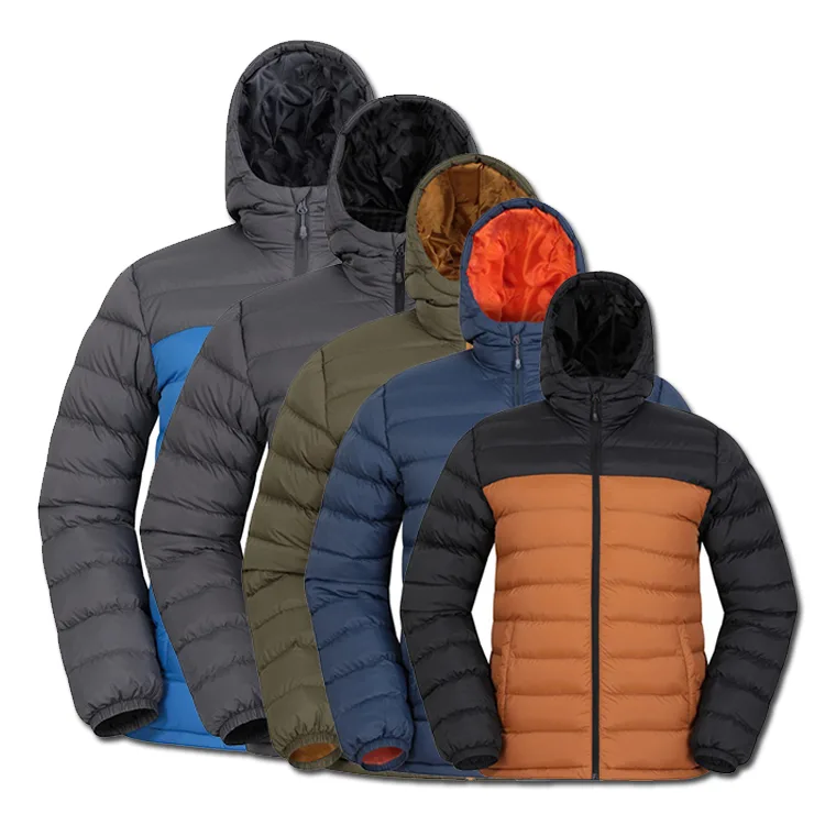 Men’s Hooded Puffer Jacket — 4 Colourways — Blue & Grey, colourway group view with Olive, Navy and Orange & Black
