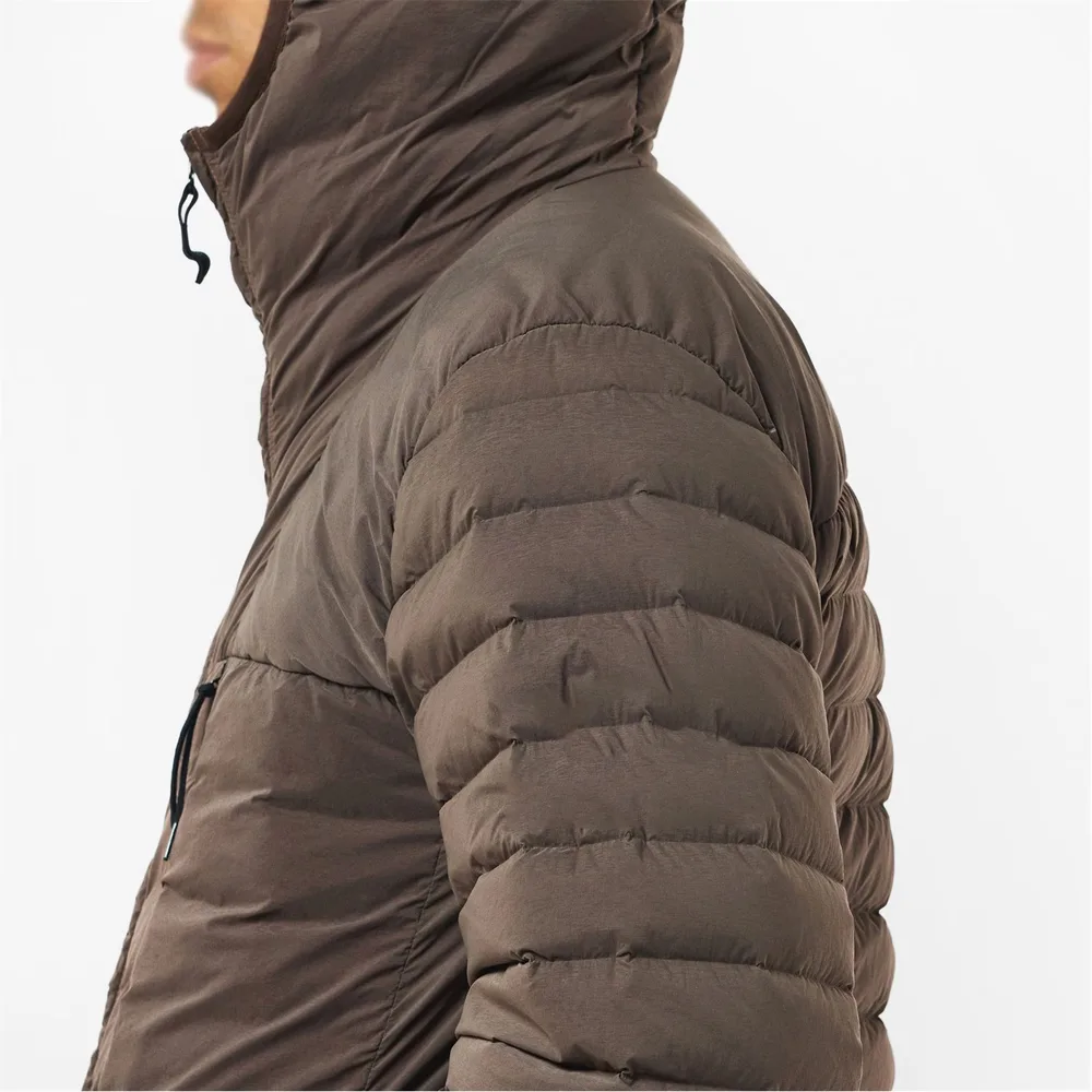Men’s Hooded Puffer Jacket — Brown & Black — Brown, side view, worn