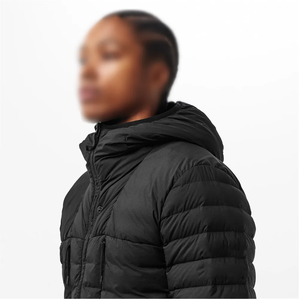Men’s Hooded Puffer Jacket — Brown & Black — Black, side view, worn