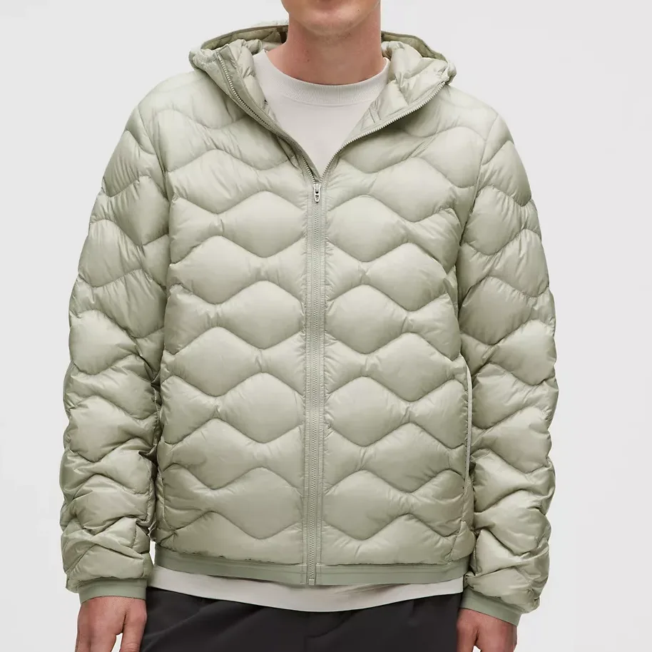 Men’s Hooded Puffer Jacket — Fog Green & Rockwood — Fog Green, front view, worn