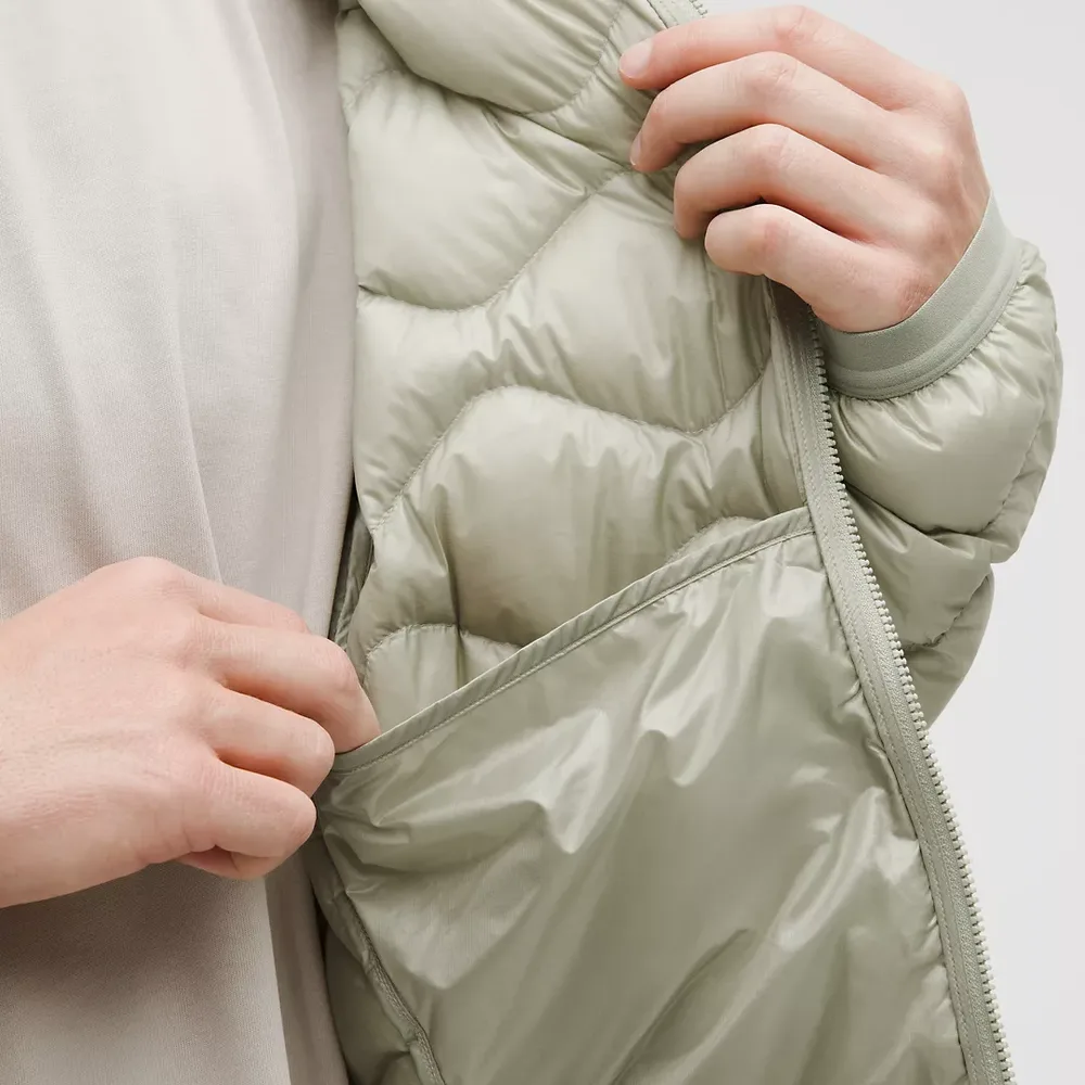 Men’s Hooded Puffer Jacket — Fog Green & Rockwood — Fog Green, front zip detail, worn