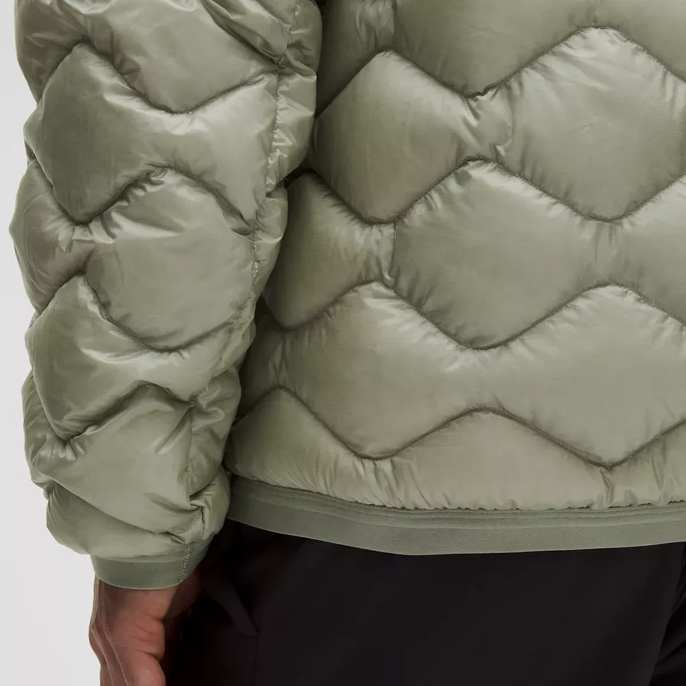 Men’s Hooded Puffer Jacket — Fog Green & Rockwood — Fog Green, quilting detail, worn