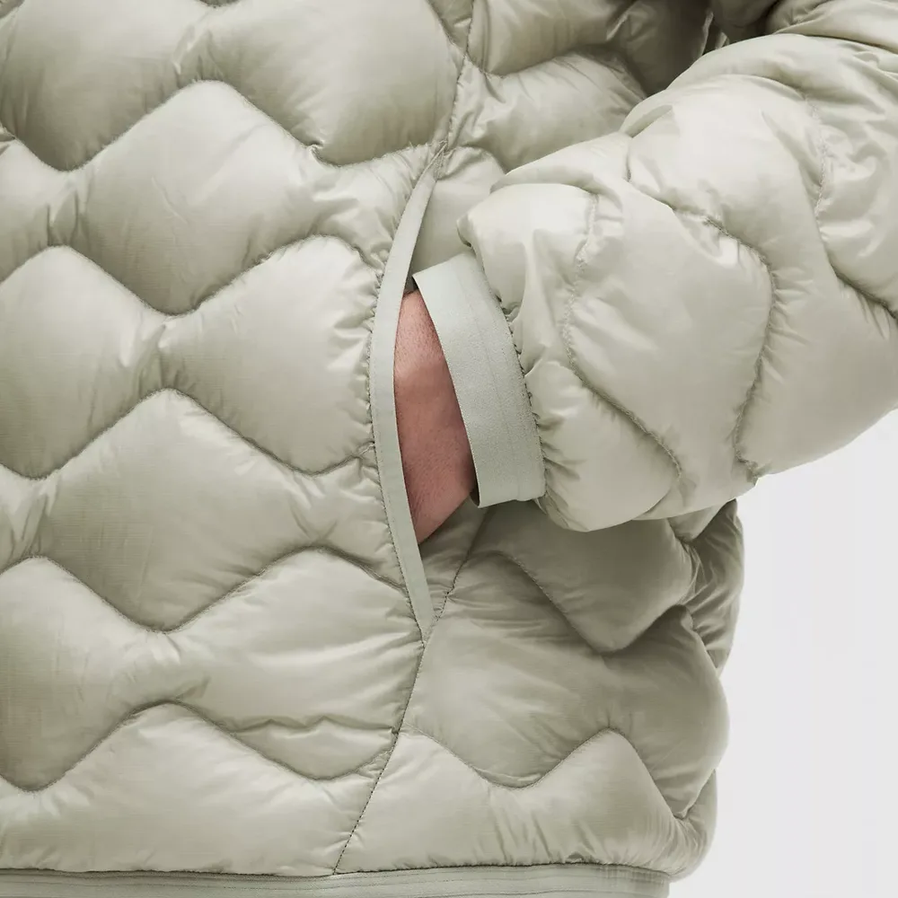 Men’s Hooded Puffer Jacket — Fog Green & Rockwood — Fog Green, pocket detail, worn