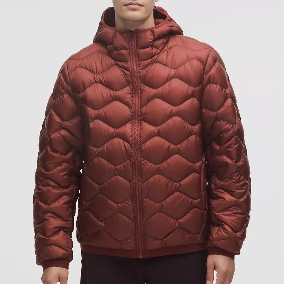 Men’s Hooded Puffer Jacket — Fog Green & Rockwood — Rockwood, front view, worn (maker colourway photograph)