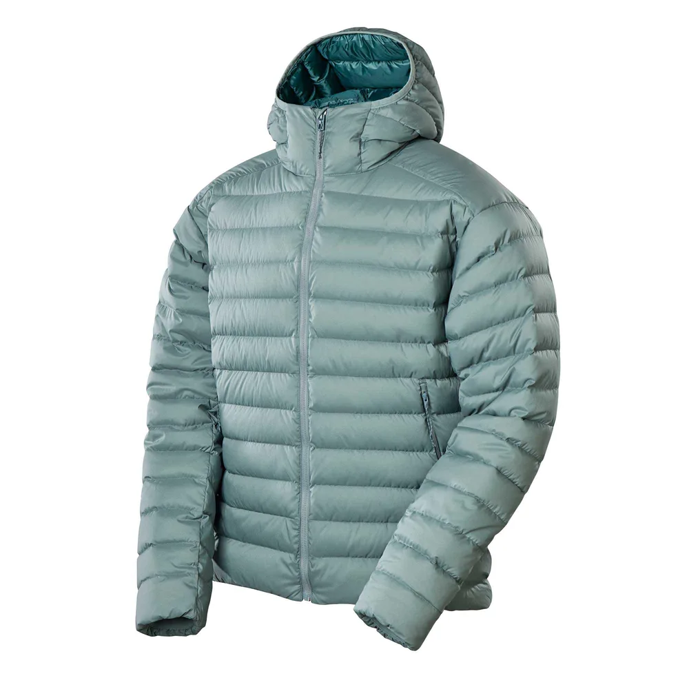 Men’s Hooded Puffer Jacket — Light Blue & Black — Light Blue, three-quarter front view