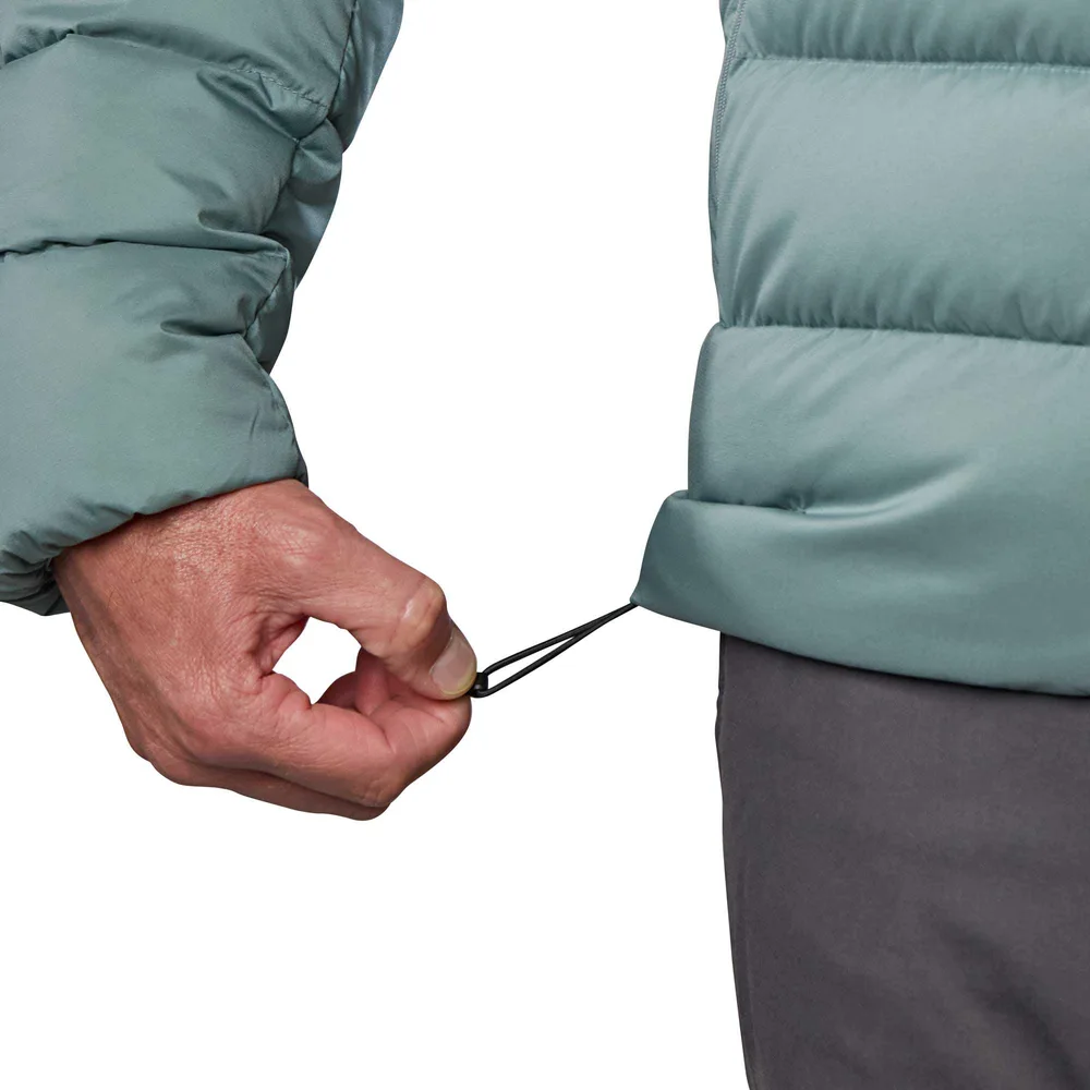 Men’s Hooded Puffer Jacket — Light Blue & Black — Light Blue, hem drawcord detail