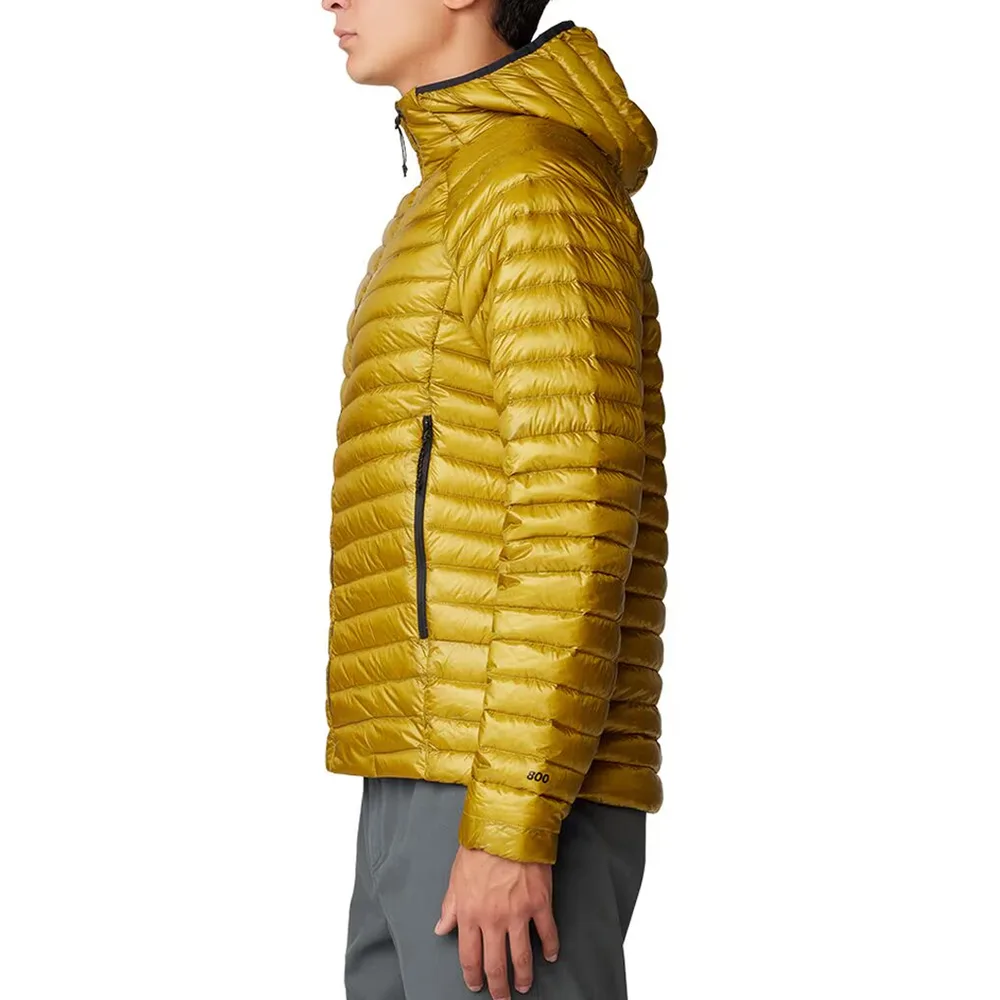 Men’s Hooded Puffer Jacket — Mustard Yellow — Mustard Yellow, side view, worn