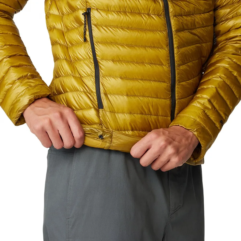 Men’s Hooded Puffer Jacket — Mustard Yellow — Mustard Yellow, zip and pocket close-up