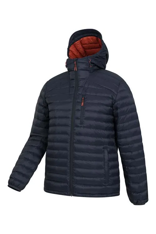 Men’s Hooded Puffer Jacket — Navy — Navy, front view on a hanger form