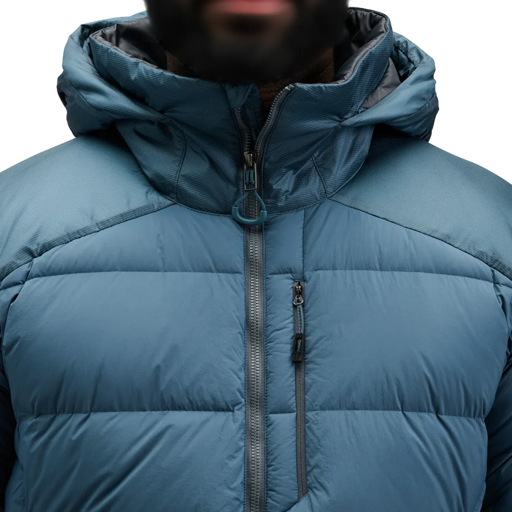 Men’s Hooded Puffer Jacket — Slate Blue & Black — Slate Blue, front view, worn
