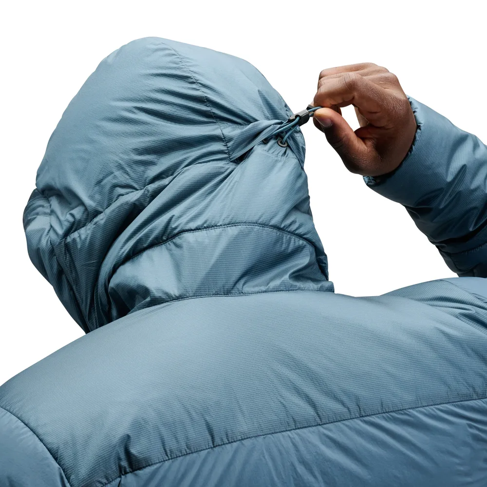Men’s Hooded Puffer Jacket — Slate Blue & Black — Slate Blue, hood adjustment detail