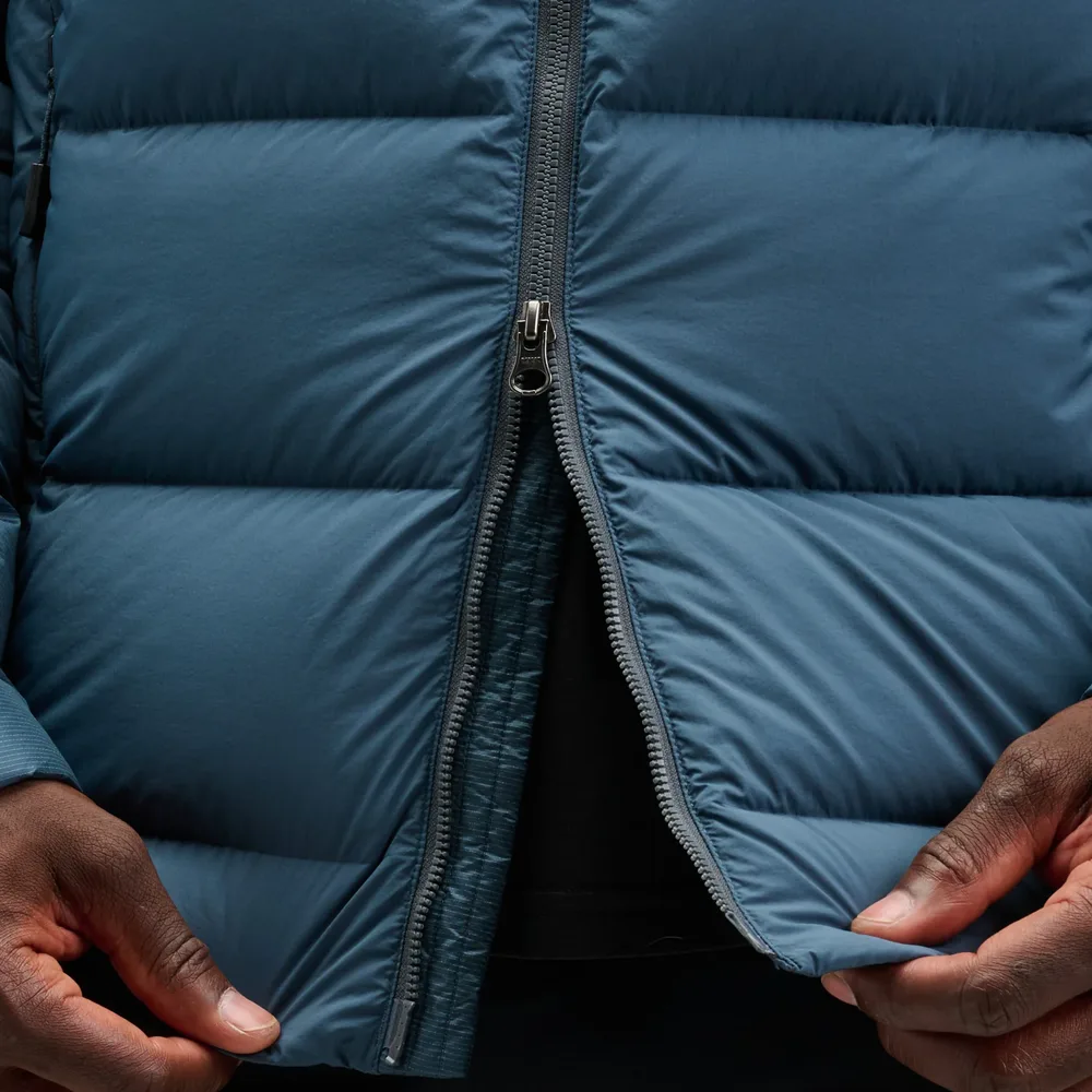 Men’s Hooded Puffer Jacket — Slate Blue & Black — Slate Blue, two-way zip detail
