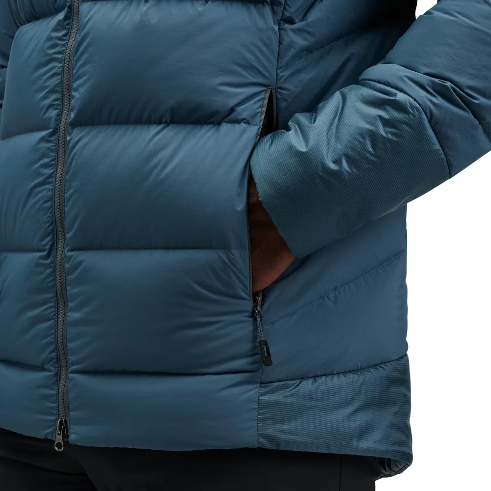 Men’s Hooded Puffer Jacket — Slate Blue & Black — Slate Blue, side view, worn