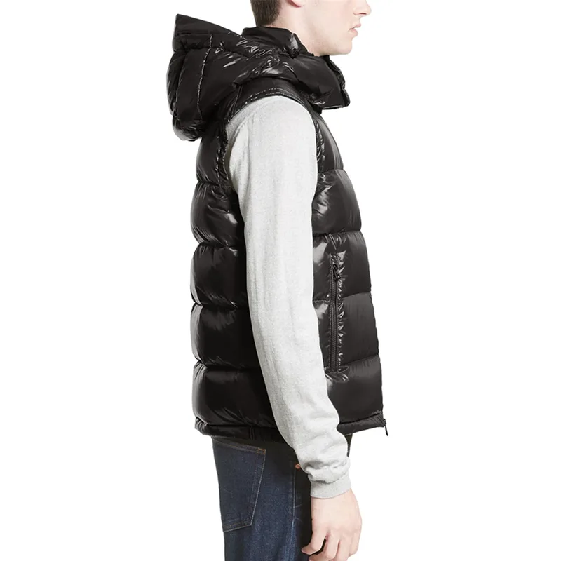 Men's Hooded Puffer Vest — 1 Colourway — Black, worn side view, hood up